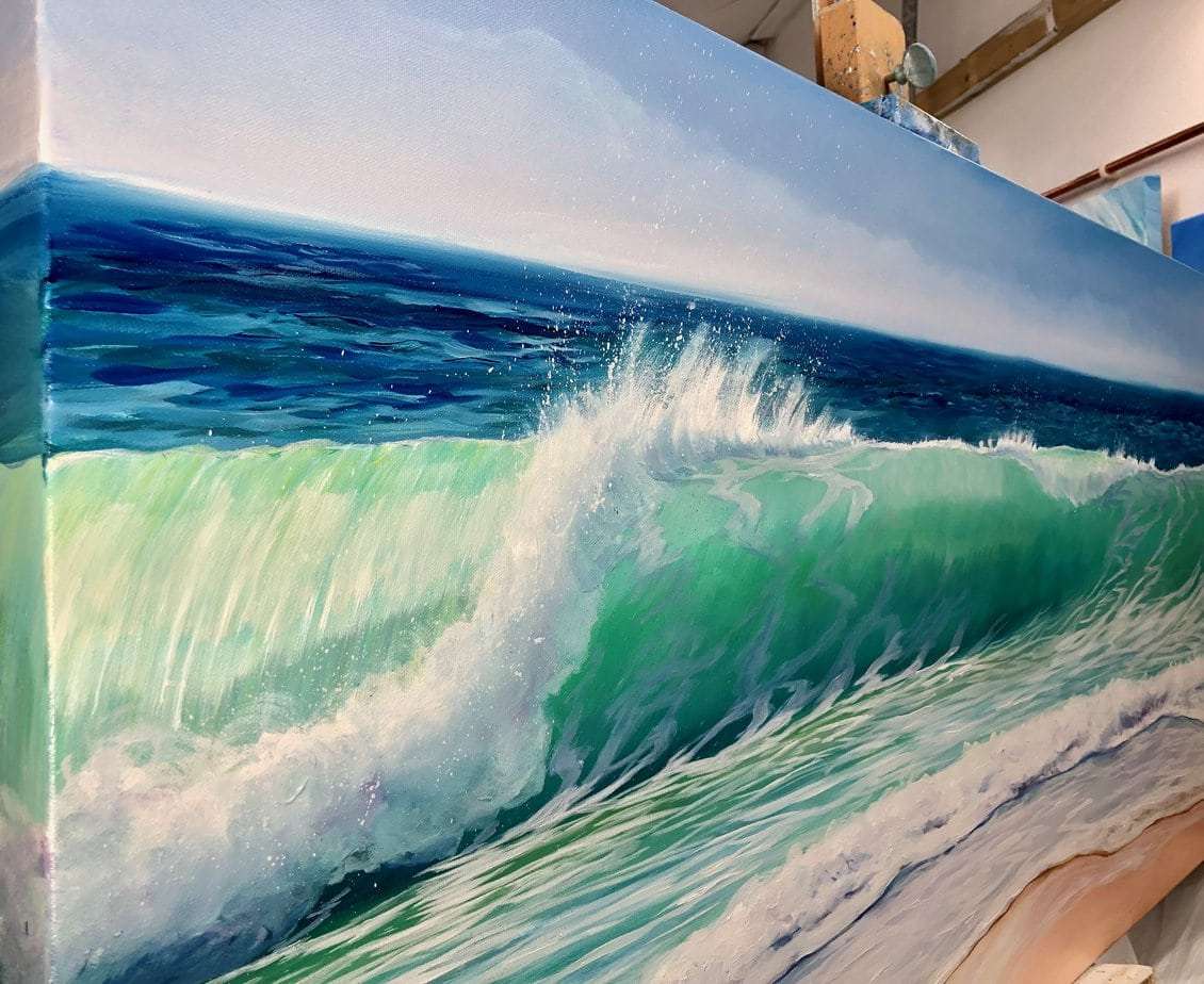 Sea Green Wave original oil painting side detail