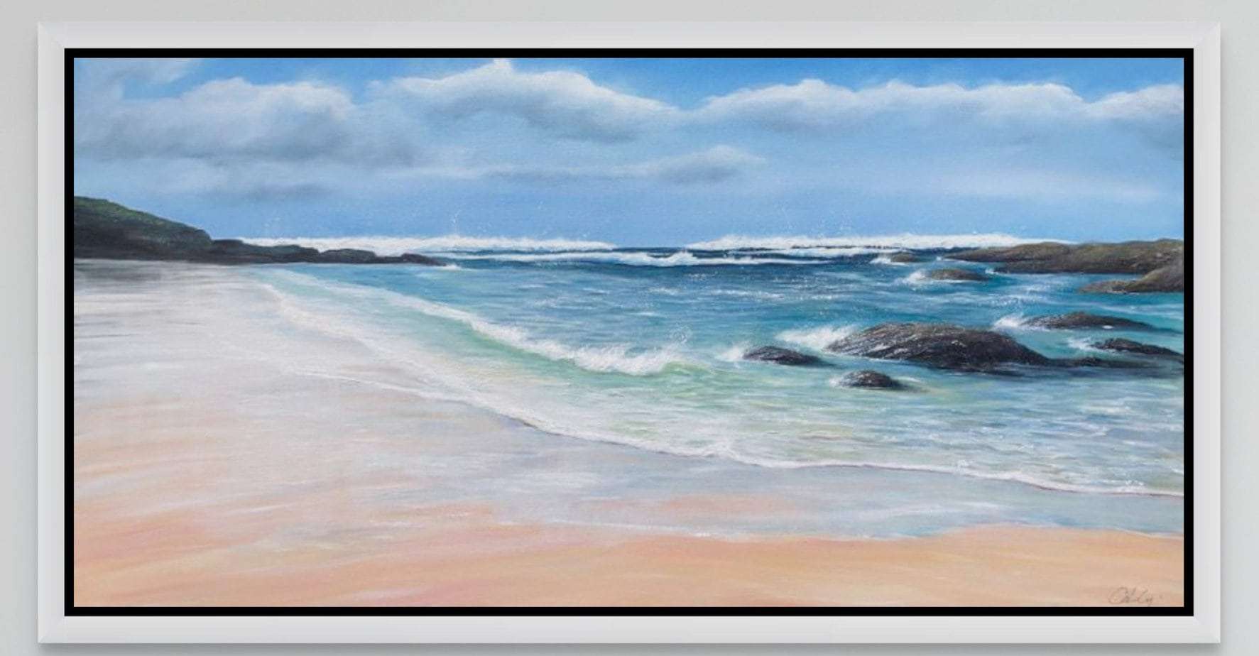 Treyarnon Bay Beach painting framed in a white wooden floating frame
