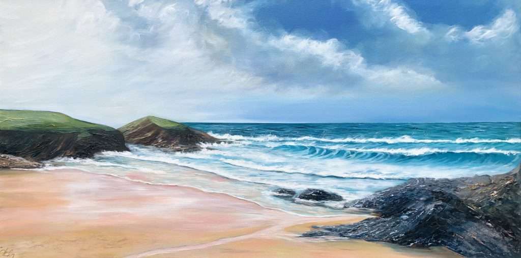 Treyarnon Beach in Cornwall an original seascape oil painting on canvas for sale online