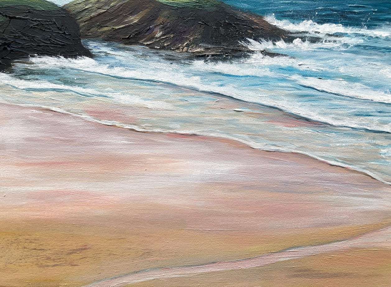 Treyarnon Beach in Cornwall close up of an original seascape oil painting on canvas for sale online