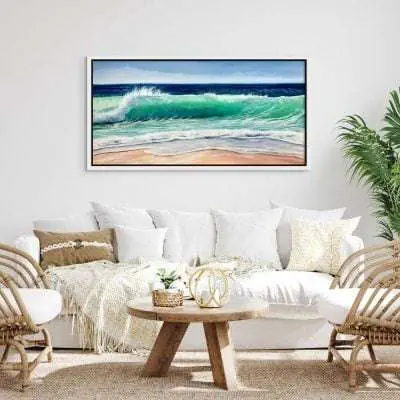 sea green waves painting in a living room setting