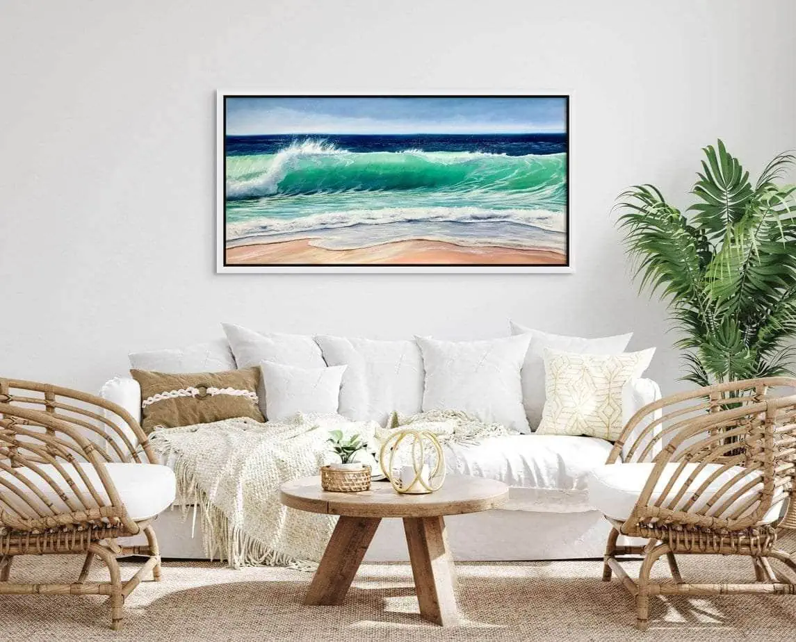 sea green waves painting in a living room setting