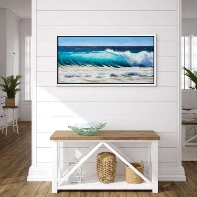 Turquoise Beach Wave III painting in a beach house setting